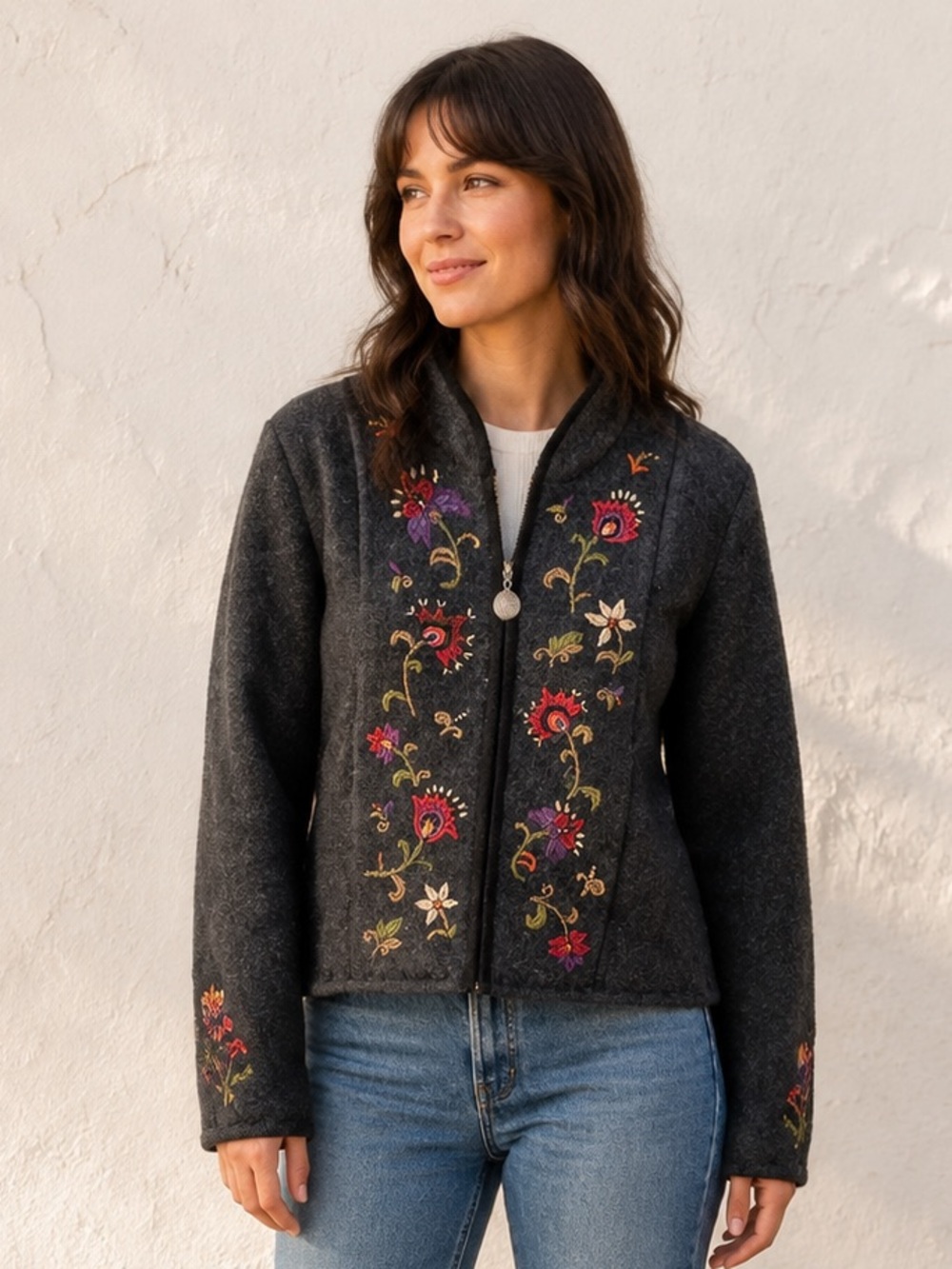 Icelandic Design Wool Embroidered Floral Jacket Nordic Folk Art Cottagecore Sz M